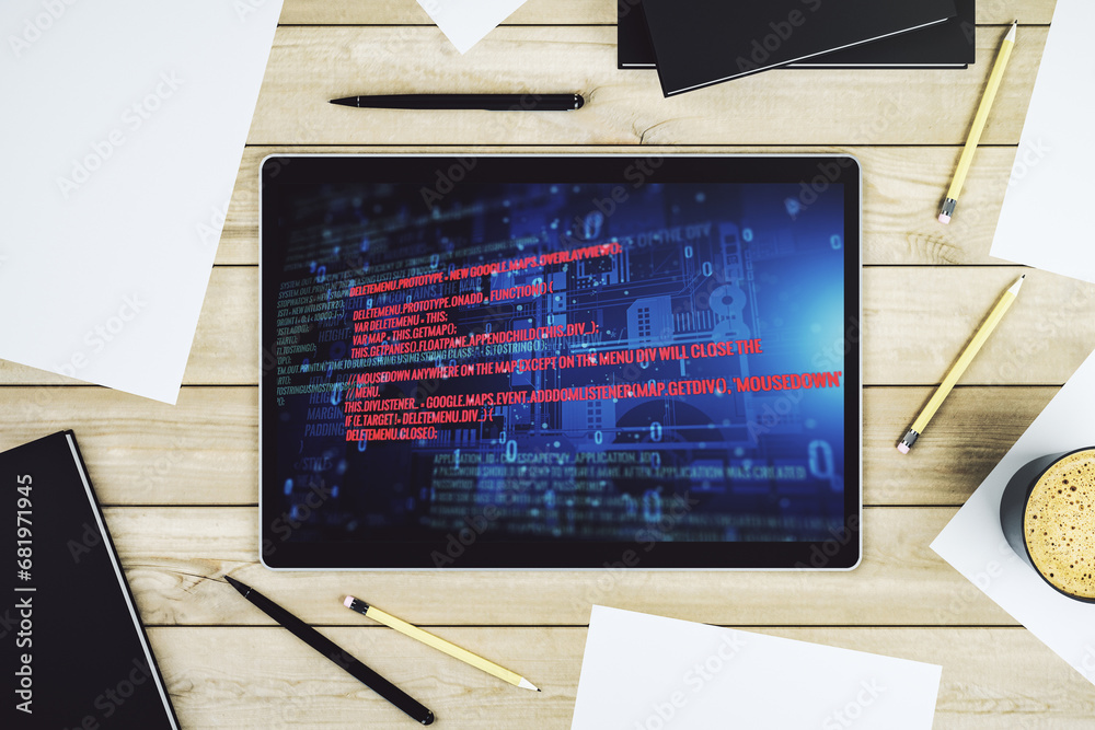 Leinwandbilder top view of modern digital tablet display with abstract software development hologram, research and 