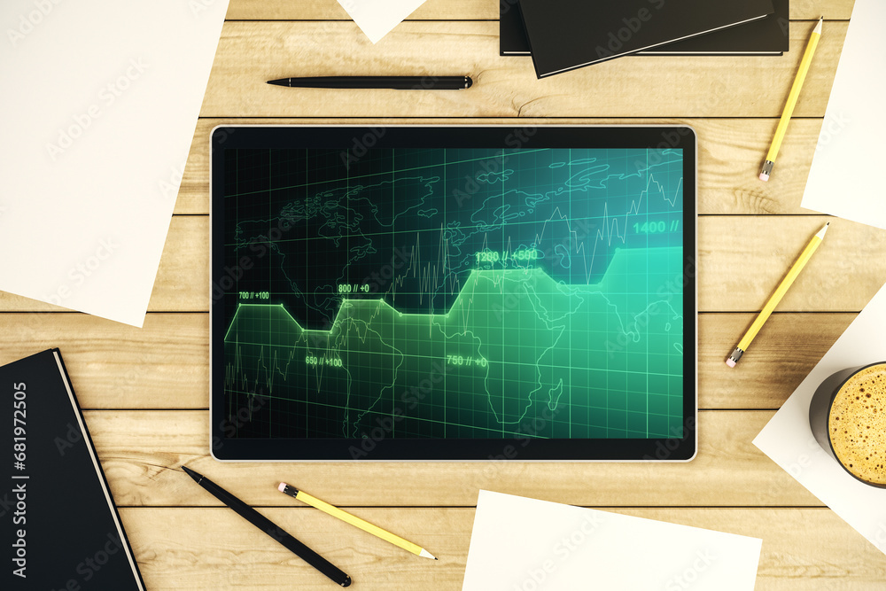 Fototapete abstract creative stats data concept on modern digital tablet screen. top view. 3d rendering
