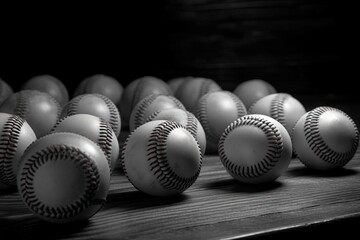 Stack of Baseballs on a Rustic Wooden Table Ready for a Game Generative AI