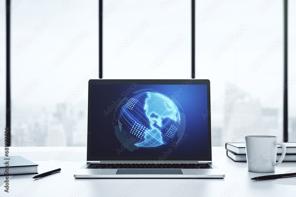 Aufkleber Modern computer monitor with America map, research and strategy concept. 3D Rendering