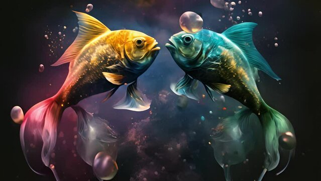 Two faithful fish floating in a galaxy of transforming colors illuminated by a waxing moon. Zodiac Astrology concept. .