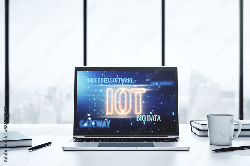 Poster creative iot concept on modern laptop screen. 3d rendering