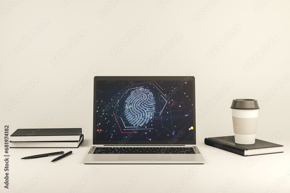 Aufkleber Computer monitor with abstract creative fingerprint illustration, personal biometric data concept. 3D Rendering