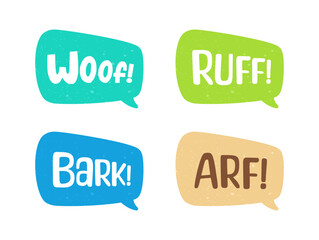 Dog bark animal sound effect text in a speech bubble balloon clipart set. Cute cartoon onomatopoeia comics and lettering.