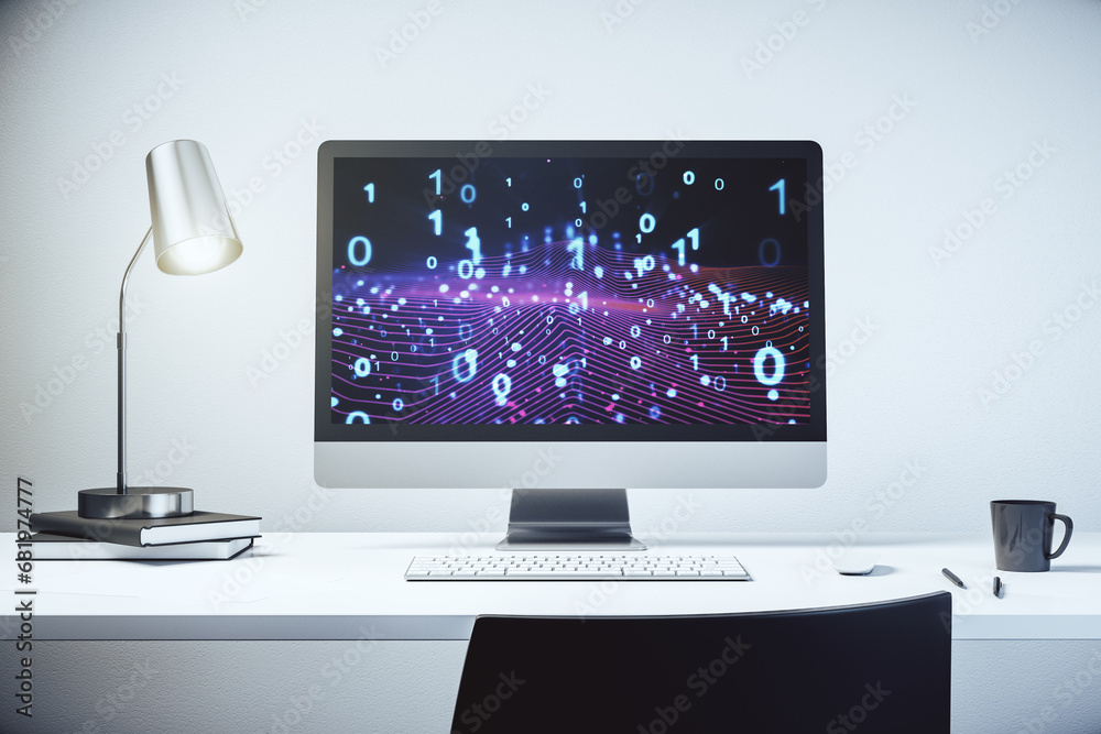 Aufkleber Creative concept of binary code illustration on modern laptop screen. Big data and coding concept. 3D Rendering