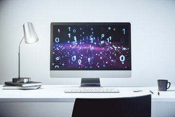 Creative concept of binary code illustration on modern laptop screen. Big data and coding concept. 3D Rendering