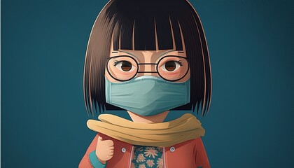 Woman wearing face mask Kawaii cartoon character business illustration 19 barrier gesture protect protection smile happy quiet businesswoman smiling thumb up zen stress relax ok yes good mood