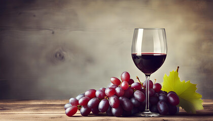 Glass of red wine with purple grapes on vintage wooden table