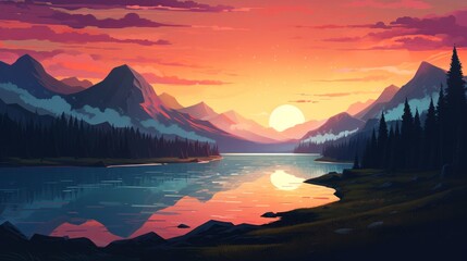 Watercolor Mountains and lake with reflection in the water at sunset. Mountain lake at sunset. Beautiful natural landscape.
