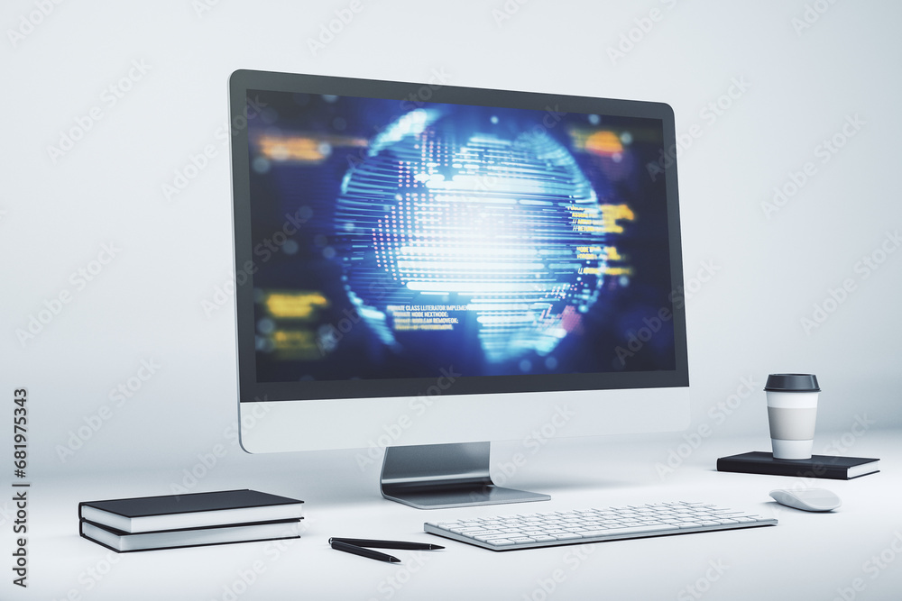 Leinwandbilder modern computer monitor with abstract programming language with world map, research and development 