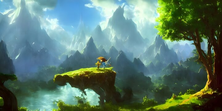 A very high resolution landscape oil painting of the world of Zelda, realistic, art direction,.