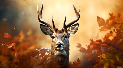 Deer in the forest at sunset in autumn 3D render Halloween theme,Enchanting Deer: A Halloween Tale in the Autumn Forest Sunset - 3D Render Delight background generative ai
