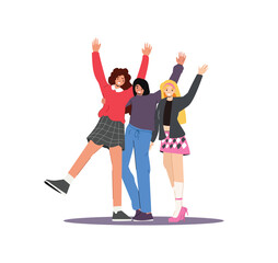 Fototapeta premium Multinational Happy People Raising and Waving Hands, Young Female Friends Characters in Casual Clothes Greeting Gesturing, Positive Friendly Gestures, Body Language. Cartoon Vector Illustration