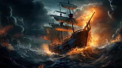 Obraz premium stormy seas, digital art illustration, Generative AI