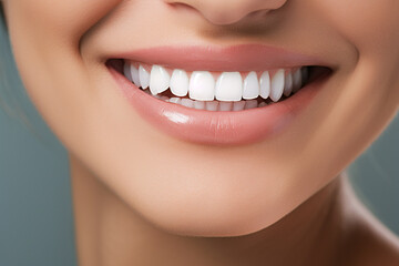 Obraz premium The close up dental part of a female model smiling with healthy whiten teeth shot in a studio. Generative AI.