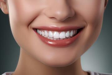 Obraz premium The close up dental part of a female model smiling with healthy whiten teeth shot in a studio. Generative AI.