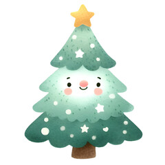 Christmas tree with colorful balls, confetti, star and gift boxes, watercolor holiday illustration isolated on white background, symbol winter, new year and Christmas, greeting card.