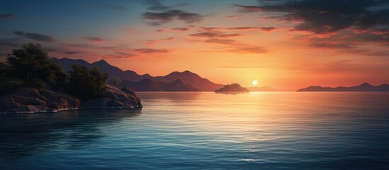 Naklejka premium As the sun sets behind the majestic silhouette of the hill, casting a mesmerizing glow upon the calm waters, the seascape view reveals a serene and picturesque land.
