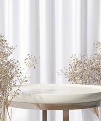 Empty modern glossy white round podium side table, flower bouquet, soft drapery curtain drapes in...