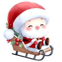 Christmas cute Santa happy action ,balloon,giftbox,candy,map,letter,sledge watercolor holiday illustration isolated on white background, symbol winter, new year and Christmas, greeting card.