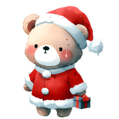 Christmas  cute bear wearing Santa suit watercolor holiday illustration isolated on white background, symbol winter, new year and Christmas, greeting card.