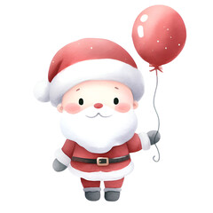 Christmas cute Santa happy action ,balloon,giftbox,candy,map,letter,sledge watercolor holiday illustration isolated on white background, symbol winter, new year and Christmas, greeting card.