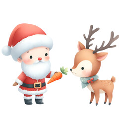  Christmas cute Santa happy action feeding ,balloon,giftbox,candy,map,letter,sledge watercolor holiday illustration isolated on white background, symbol winter, new year and Christmas, greeting card.