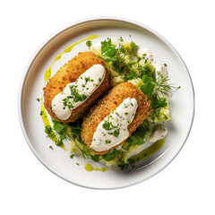 Top View of a Chicken Kiev on a Plate Isolated on Transparent or White Background, PNG