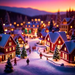 Fototapeta na wymiar Tiny Christmas village, bright glittery snow, bright colors, 