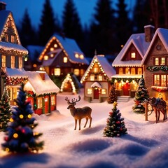 Tiny Christmas village, bright glittery snow, bright colors,  