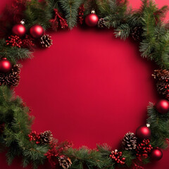 Fototapeta na wymiar Red Christmas Background of a Round Advent Wreath Fir branches Pinecones and Christmas Balls