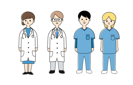 Hand Drawn Cartoon healthcare workers nurse doctor people icon isolated vector transparent background set