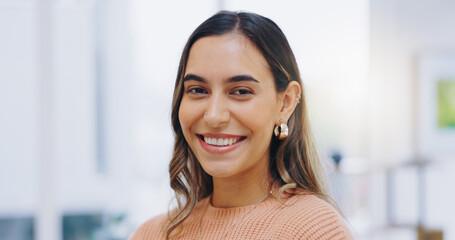 Portrait, happy or face of woman in home to relax for weekend, good mood or pride in living room in...