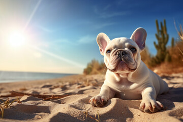 The animal portrait of a white cute French bulldog lying and sunbathing on the sand of a beautiful beach during summer vacation. Generative AI.