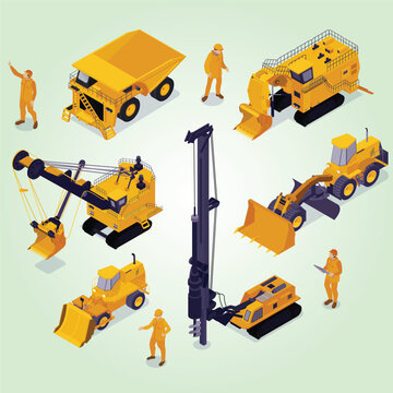 isometric mining set with isolated images heavy machinery units yellow bulldozers excavators blank background vector illustration