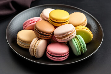 The close up detail of many colorful and flavor macarons arranged on a black ceramic plate isolated on a simple black background. Generative AI.