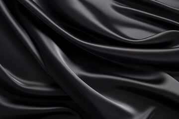 Luxury dark black satin silk cloth in wavy fold fabric texture surface background for wallpaper and other design. Generative AI.