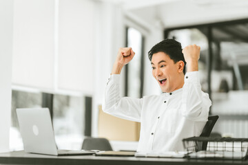 Asian happy male business person in white shirt, fist raised in celebration, possibly excited or...
