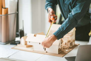 Asian businessman person with glasses examining architectural blueprints next to model house, engineer architect working on new house project and apartment.