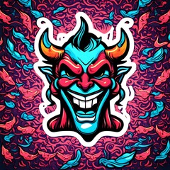 Obraz premium cartoon vector style t-shirt art of a devil laughing, bright neon colors