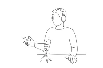 Single one line drawing social media of man talking during podcast. Continuous line draw design vector
