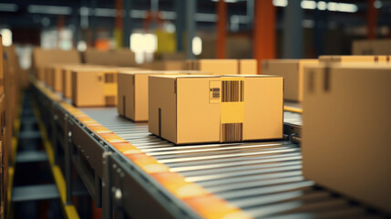 Close up of Multiple cardboard box packages seamlessly moving along a conveyor belt in a warehouse fulfillment center.