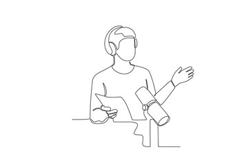 Single one line drawing social media of the guy asking during the podcast. Continuous line draw design vector
