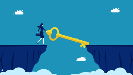 How to solve the problem yourself. Businesswoman using keys as a bridge to bridge the cliff gap vector - obrazy, fototapety, plakaty