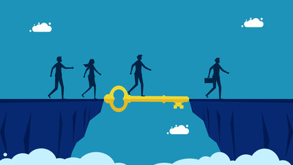 Leaders help businesses advance. Businessman manager uses keys as a bridge to bridge the cliff gap vector