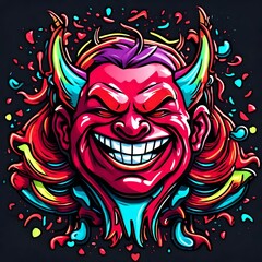 cartoon vector style t-shirt art of a devil laughing, bright neon colors