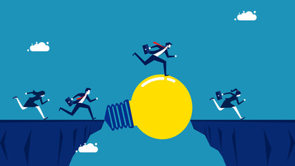 Overcoming the crisis with wisdom. team of businessmen running over a cliff on a bridge of light bulbs. vector