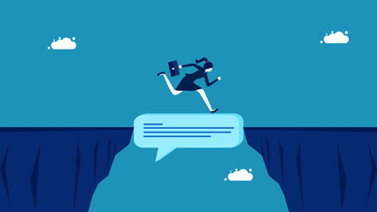 Suggestions for solving problems. Businesswoman crossing cliff with speech bubble vector