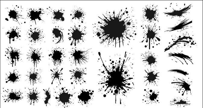 A group of ink blots. Black ink stains and dirt spots scattered with isolated drops and spots. Stencil ink spray. High quality hand traced. Isolated spot drops. Vector illustration