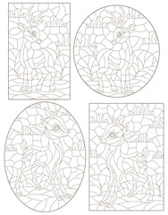 Set of contour illustrations of stained glass Windows with fawns on a background of meadows and sky, dark outlines on a white background